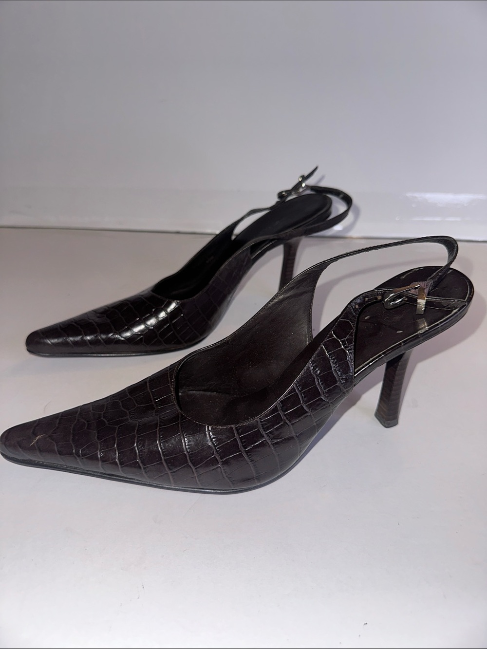 Nine West Brown Dustyo Croc-Embossed Slingback Stiletto Heels